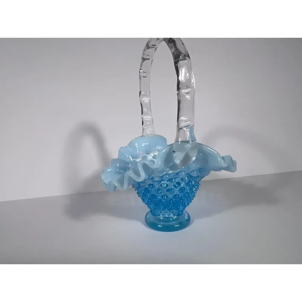 Vintage Fenton Small Hobnail Basket Teal blue with Opalescent Edge